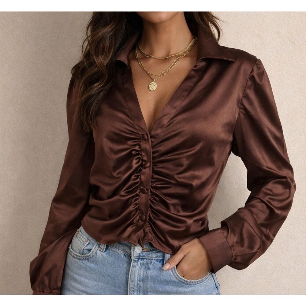 Joseph Ribkoff Satin Ruched Blouse Dressy Sz 10 Chocolate Brown Classy
